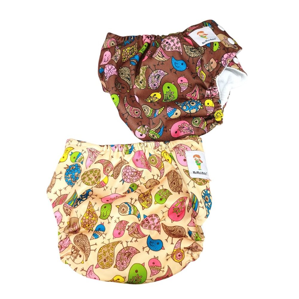 Reusable Kawaii Baby Cloth Diapers With Bird Print Adjustable Snaps 2-Pack Eco-F